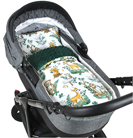 Babylux Babydecke Minky PLÜSCH Kuscheldecke Decke 75 x 60 cm + Kissen 2 TLG Set für Kinderwagen/Wiege (MP123 - Grün + Wald Tiere)