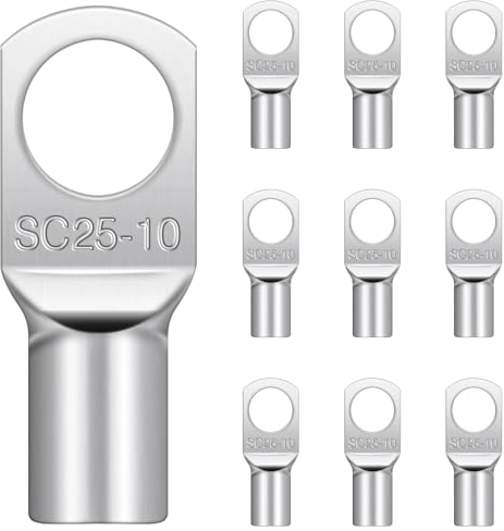 10 Pcs Cable Lugs M10, Hanibos SC25-10 Copper Tube Battery Cable Ends Lugs Battery Terminals Connectors Tinned Copper Crimp Lugs