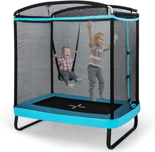 COSTWAY 2 en 1 Trampoline Extérieur Enfants Rectangulair (190x122cm) avec Balançoire Amovible, Trampoline de Jardin avec Filet de Sécurité, Charge Max 100kg pour Garçon et Fille de 3 Ans+ (Bleu)