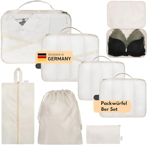 Alpenstern® Koffer Organizer Set 8-Teilig I Deutsche Marke I Packwürfel Kleidertaschen Packtaschen für Gepäck I Urlaub und Reise-Zubehör I Kofferorganizer packing cubes travel organizer (Beige)