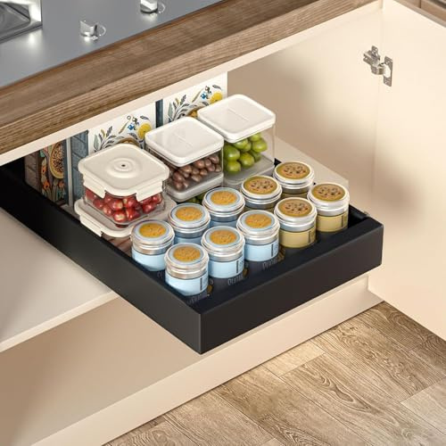 Auauraintt Tiroir Coulissant Cuisine, Tiroir Coulissant Extensible avec nanofilm adhésif, Extensible Telescopique pour Placard de Cuisine, (Noir)