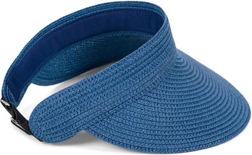 styleBREAKER Papierstroh Visor Cap einfarbig | Sonnenvisier mit elastischem Band und Hakenverschluss | Luftige Schildkappe als Sonnenhut für Damen, Farbe:Blau