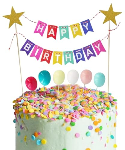 Tortendeko Geburtstag Happy Birthday Kuchen Topper Bunting Set Regenbogen Cake Topper mit 6 Stück Mini Bunte Ballon für Kinder Mädchen