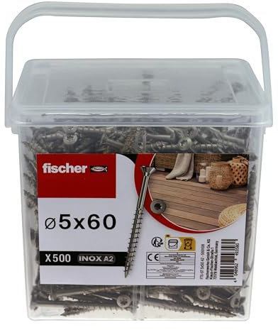 fischer - Seau de 500 vis terrasse 5 x 60 en INOX A2, Acier Inoxydable résistant à la Corrosion