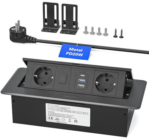 Prise encastrable de Table en Aluminium avec Interrupteur, 3 Prises 2500W/10A, 2 Ports USB-C PD 20W & 2 Ports USB-A – Bloc multiprise escamotable, câble 1,8 m,Noir