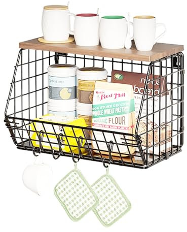 Mokaskaidj Corbeille a Fruit, Panier a Fruit de Mural, Empilable et Montable au Mur avec Couvercle en Bois und 4 Crochets pour Fruit Basket, Corbeille en Métal pour Ranger Les Fruits et Les Légumes