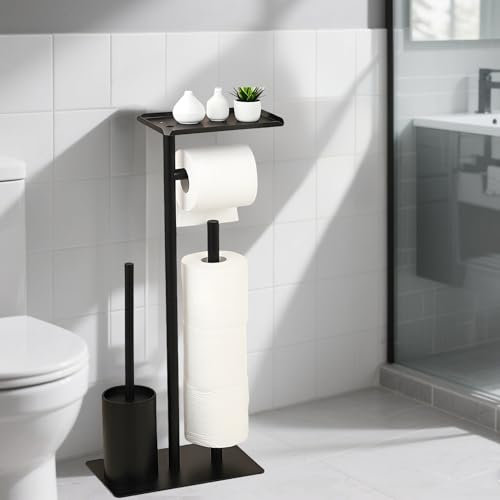 Spalivivre Portarrollos de papel higiénico de suelo, soporte para rollo de papel higiénico y escobilla negro, soporte para papel higiénico de pie con escobilla para inodoro