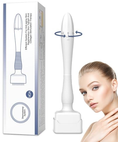 Rppiup Derma Stamp 0-3mm Einstellbarer, Microneedling Dermastamp Derma Roller mit 140 Titanium Mikro Nadeln, Microneedling Derma Pen Roller für Haare, Bartwuchs, Gesicht, Körper