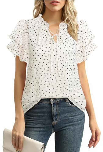 Gaharu Camicia da donna, elegante, a maniche corte, estiva, con scollo a V, maniche a volant, in chiffon, con fiori, per lavoro, casual,, Polka Dots Bianco, XL
