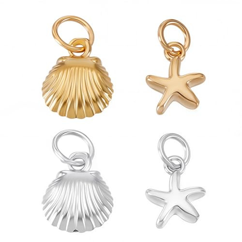 AHANDMAKER 4 dijes de concha de estrella de mar de 4 estilos, plata de ley 925, colgante de conchas marinas con anillos abiertos para playa, verano, aretes, collar, tobillera, pulsera, manualidades