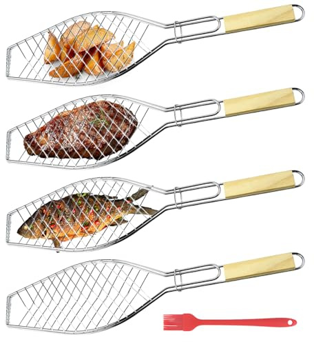 GBKDQQ Set di 4 arrosti per pesce, con manico in legno, griglia per pesce in acciaio inox con spazzola per olio, 60 x 15 cm, pinza per pesce per barbecue e barbecue
