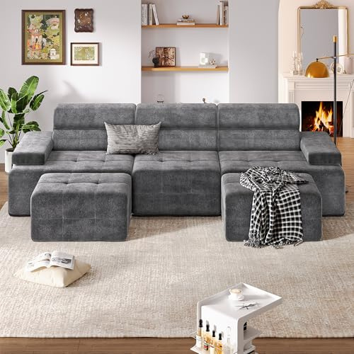 STHOUYN 134 Boneless Couch with Ottoman & Higher Backrest, Modular Sectional Sofa for Living Room, Corner Cloud U Shaped Couch (Grey, 134 Inches)