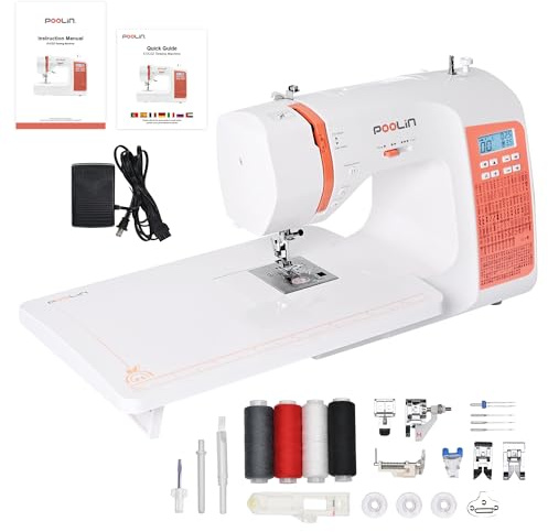 Poolin EOC02 Machine à Coudre Informatisée Complète, écran LCD, table large, boutonnières automatiques 1 étape, enfile-aiguille automatique, 7 pieds presseurs, portable et idéale débutants & confirmés