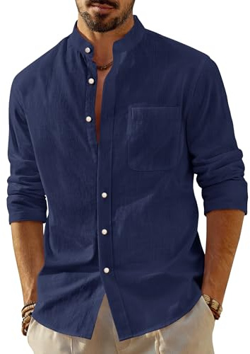 J.VER Men's Linen Shirts Long Sleeve Grandad Collar Summer Regular Fit Casual Shirt Button Down Banded Collar Tops
