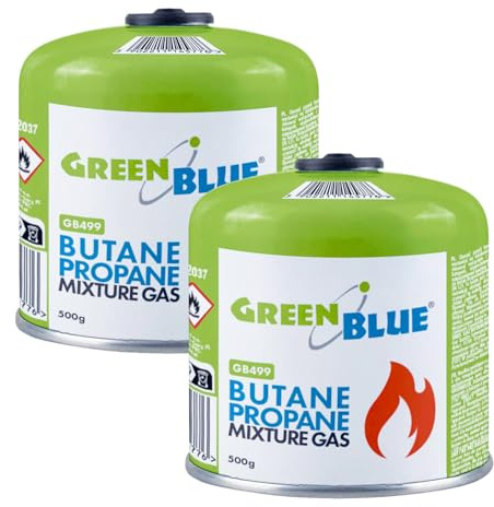 Green Blue GB499 Cartucho de Gas de 500 g, EN417, Rosca de 7/16, propano-butano, Sistema Gas Stop, para hornillos de Camping | Rango de Temperatura: de -10 °C a +40 °C (2, Verde)