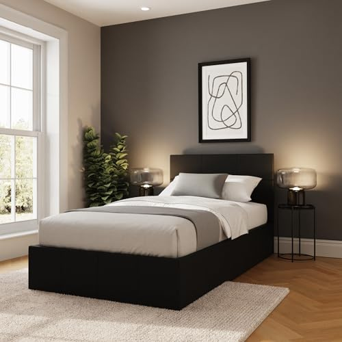 GFW Classic Leather Upholstered Ottoman Storage Bed Gas Side Lift & Under Bed Storage, Single, Black