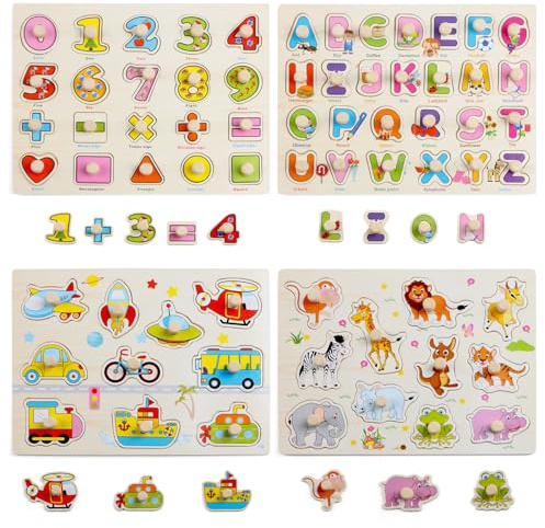 Wondertoys 4 Pieces Wooden Jigsaw Puzzles Vehicles/Alphabet ABC/Fruit/Animal/Alphabet Number Peg Jigsaw Educational Puzzles for Kid Toddler Boys Girls