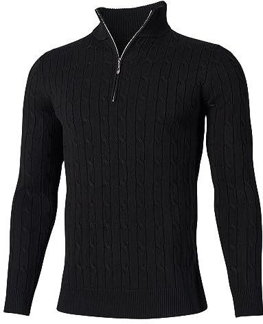 Fanient Men's Wool Sweater Long Sleeve Fleece Top Quarter-Zip Knitwear with Hemp Pattern Design Black M