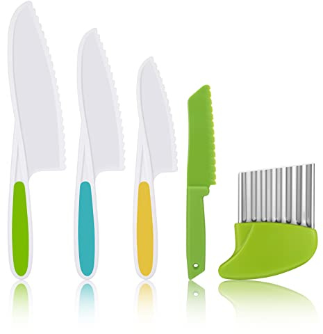 AKlamater 5PCS Kitchen Safety Knives for Kids, Children's Cooking Knives in 4 Sizes, Plastic Cutting Board Grip Serrated Edges for Vegetables Fruits Salad Cake(Green)