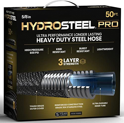 Hydrosteel 50 Foot Metal Garden Hose 304 Stainless Steel Water Hose – Super Tough & Flexible, Lightweight, Ultra Heavy Duty Brass Fittings, Kink Free, Rust Proof, Easy to Store, 600 PSI Strength, 5/8”