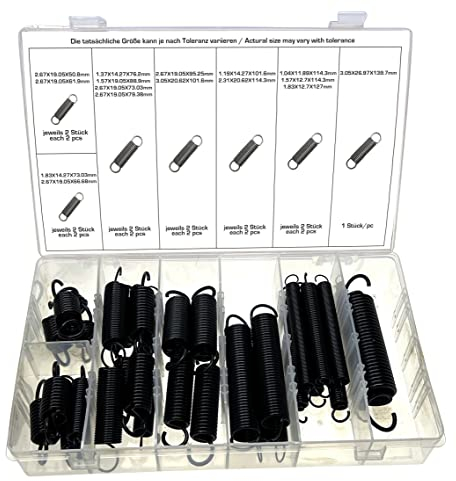 Grosses Zugfedern Sortiment Spiral-Federn Stahlfeder Metall-Federn Schwingfeder Spannfeder Federstahl mit Doppelhaken und schwarzem Finish div. Stärke, 31-tlg.