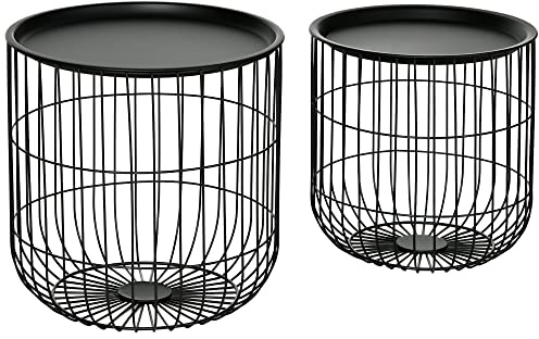 HOMCOM Nesting Coffee Tables, Round Coffee Table Set of 2 with Steel Wired Basket Body and Removable Top, Stacking End Tables Blanket Storage for Living Room, Black