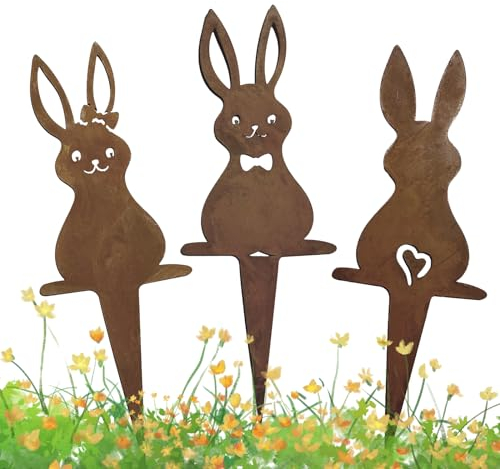 TZQFROCE 3 Stück Osterhasen Gartenstecker Rost Gartenstecker Osterhase Gartenstecker Ostern Hasen Gartenstecker Rost Osterhasen Figuren Blumenstecker für Garten Balkon Terrasse