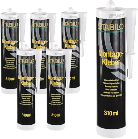 6x Montagekleber weiß 310ml | Baukleber, Kleber für Beton, Mauerwerk, Putz, Holz, Metall, PVC, usw. | 6 Stück