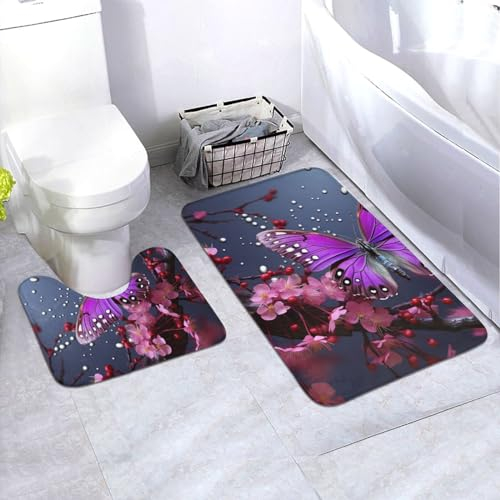 NONHAI Badezimmerteppich-Set, 2-teilig, rutschfeste Badematte für Badezimmer, weich, saugfähig, Badteppich, violett, Pflaume, Schmetterling, Bodenmatte, waschbar, Duschvorleger für Badezimmerboden,