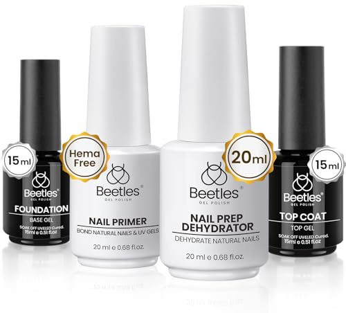 Beetles - Juego de 4 capas base y capa superior de 15 ml con deshidratador de uñas de 20 ml e imprimación fácil para preparar las uñas, sin ácidos y deshidratadores, para uñas acrílicas, manicura para