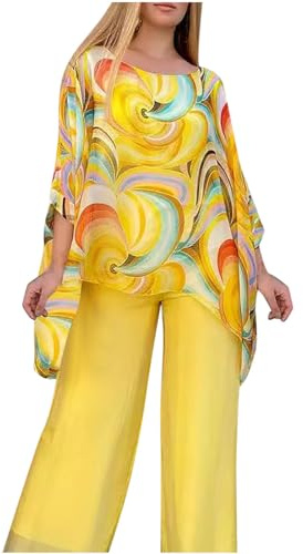 Women’s Wedding Guest Pant Suit 2 Piece Set Tie Dye Printed Elegant Formal Chiffon Evening Party Outfit, Yellow, Large