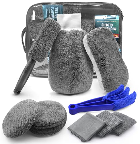 HOVIBU Kit Nettoyage Voiture, 10PCS Kit D'entretien de Voiture Professionnels pour L'intérieur et L'extérieur, Kit Lavage Voiture Microfibre avec Chiffons de Nettoyage, Gant, Brosse À Roues et Plus
