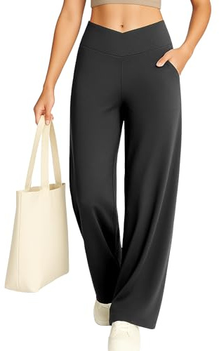 Yogaration Pantalon de Large pour Femme, Taille Haute croisée, avec Poches, Style décontracté et Jambe Droite, idéal pour Le Voyage, Infroissable
