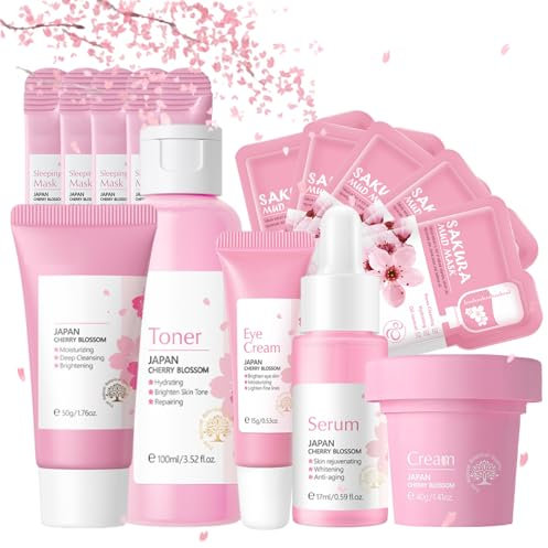 Gesichtspflege Set für Mädchen und Frauen, Anti-Falten Hautpflege Set für Gesicht, Feuchtigkeit Sakura Skincare Set mit Serum Creme Mudmask Cleanser Toner Augencreme - Anti-Aging Hautpflege, 15 Stück