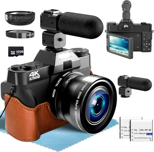Cámara Digital, 4K 56MP Cámara de Fotos con 180 ° Flip 3.5 de Pantalla, 18X Zoom Digital Cámara compacta con Lente Gran Angular y Lente Macro, 32GB Tarjeta TF, WiFi Funcionalidad, Negro