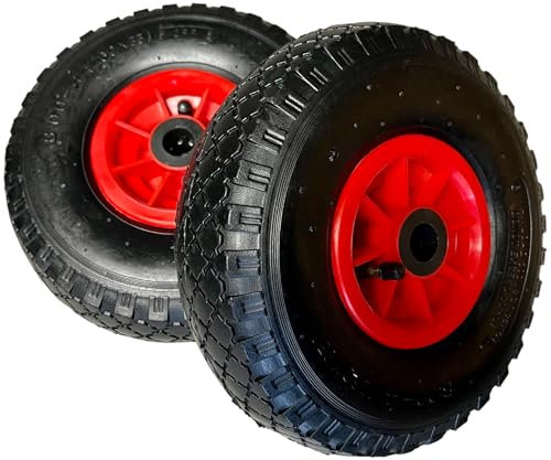 KOVA® 2 pneumatici per carriola, 3.00 – 4, 260 x 85 cm, con tubo e ruota per asse da 20 mm, per carrello, ruote di ricambio, cuscinetti a sfera, valvola angolare, colore nero/rosso