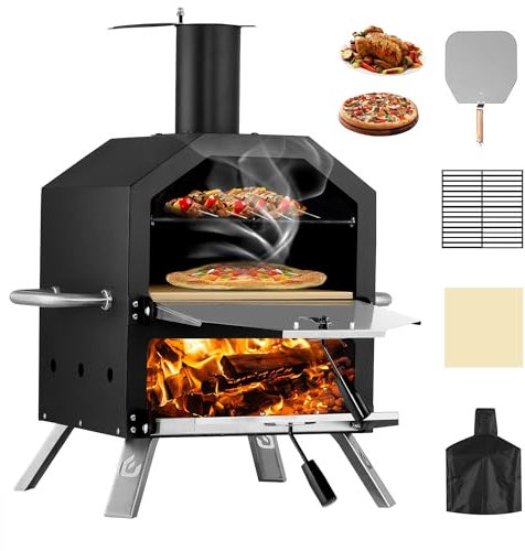 PIZZELLO Pizza de leña para exteriores, 2 capas con piedra para pizza, pelar y estante, cubierta impermeable y patas plegables para camping, barbacoa y regalos (26 pulgadas)