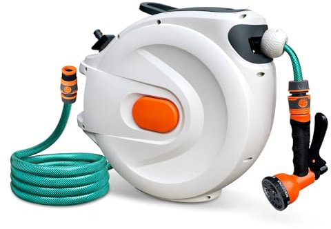 Triclicks Enrouleur de tuyau mural, 20/30 m, automatique, pivotant à 180°, buse 8 en 1, pour jardin, arrosage en plein air, nettoyage de voiture et de moto (20 m)