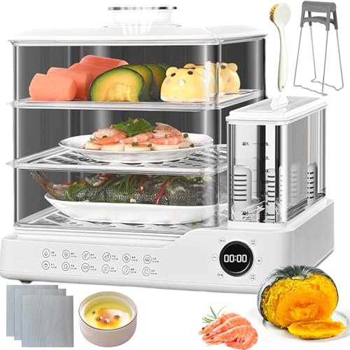 3 tier food steamer, 24L vegetable steamer with 1.5L water tank, 24h reservation, Detachable water tray, purification filter element, Stainless steel tray, steam cooker Healthy Cooking