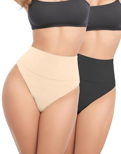 ZENUTA 2 PACK Thong Shapewear Tummy Control, Shaping Seamless Underwear for Women, Body Shaper Tummy Control Panties Girdle (Black Nude,XL)