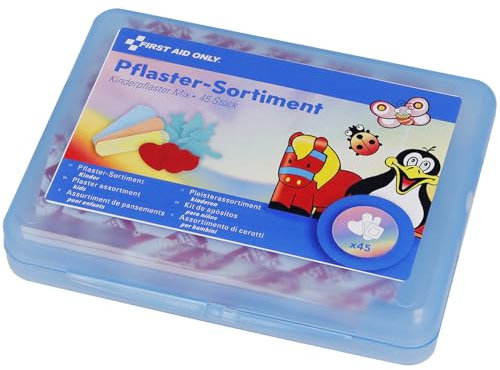 Set de pansements pour enfants, 45 pièces | Boîte de pansements colorés de différentes tailles et motifs | Doux pour la peau | P-10069 00