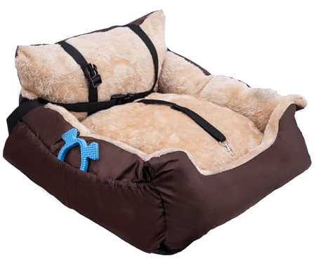 Plush Dog Car Seat for Small Dogs & Cats, Comfortable Pet Car Seat with Safety Leash & Non-Slip Base, Car Seat Bed with Storage Pocket, Soft Secure Small Dog (Style1-Brown, One Size)