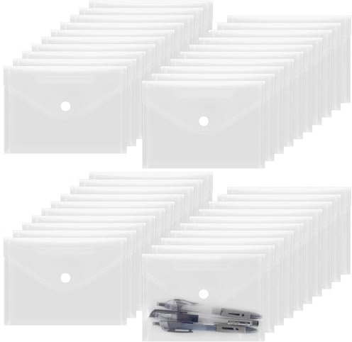 PUCSIQ 50 Pezzi Faldone Portadocumenti A6, Buste con Bottone Trasparenti, Cartelline Portadocumenti Plastica per Documenti, Carte, Fatture, Ufficio