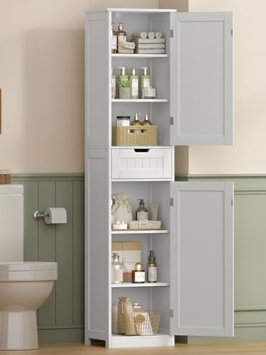 TEENFON 170cm Badezimmerschrank, Badschrank Schmal mit 2 Türen und 1 Schublade, Badezimmer Hochschrank mit Verstellbaren Regalen für Badezimmer, Wohnzimmer, Flur, Küche, 40x30x170 cm, Weiß