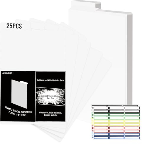 AKONEGE 25 Pack Comic Book Dividers with Tab and 2 Pack Colorful Label Stickers, 28.5x18.4cm/11.25 x 7.25 White Plastic Card Separator Comic Dividers Boards for Comic Book Storage Boxes & Bins