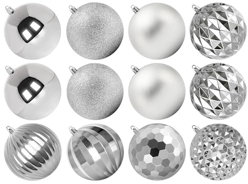 Benjia Weihnachtskugeln Groß Aussen, Extra Bruchsicheres Outdoor Draußen Draussen Kunststoff Weihnachtskugel Christbaumkugeln Kugeln Weihnachten (10cm/12STK, Silber)