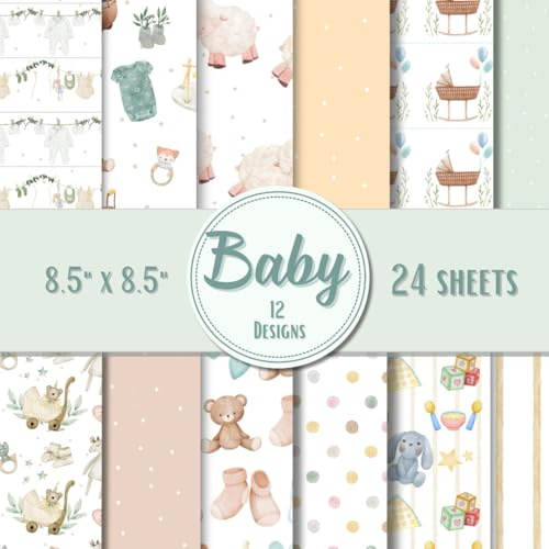 Baby Scrapbook Paper Pad – 8.5 x 8.5 in – 24 Double-Sided Patterned Sheets – Decorative Craft Paper for Card Making, Journaling, Planners, Origami, Decoupage, and Scrapbooking