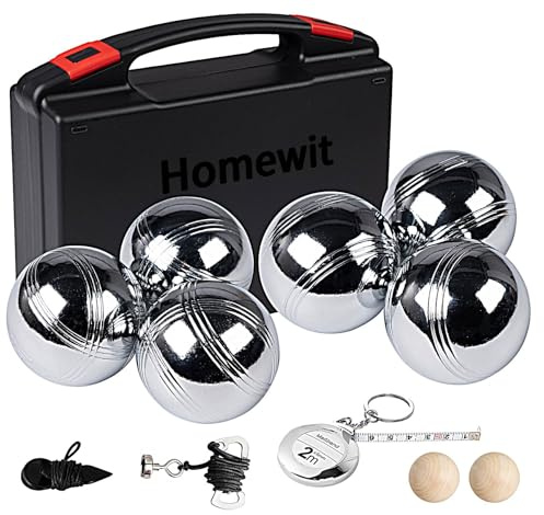 Homewit Boccia Kugeln, Professionelles Petanque, 6Metall Boule Set mit 2Holz-Kugeln, 2Abstandsmesser, 1Magnet-Kugelsammler & Aufbewahrungsbox, Botcha Balls für Outdoor Spiel, Strand(Typ C)