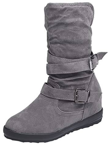 Generisch Women's Winter Booties with Buckle, Flat Heel, Warm Medium Boots for Snow, Round Toe Holding Shoes, Wellington Boots with Non-Slip Sole, Women's Ankle Boots with Heel, Elegant Pointed, gray