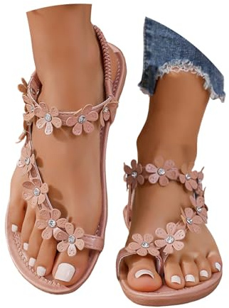 Luadnysin Sandali donna estive piatti con decorazioni a fiore bohemia open toe per spiaggia casual,35-43